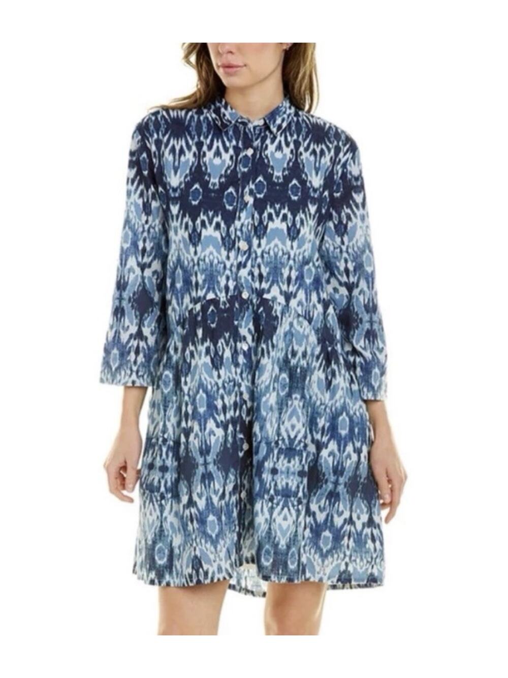 Tuckernuck Ro’s Garden Women’s Shirt Dress Tyla Deauville Blue Ikat Cotton Sz M